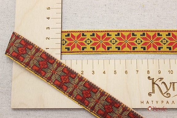 Жак.лента 24мм Красная (с черным) снежинка-цветок на желтом, рис.9455