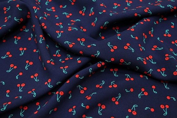 Штапель "Маленькие вишенки на чернильном", ш.1.45м, вискоза-100%, 110гр/м.кв