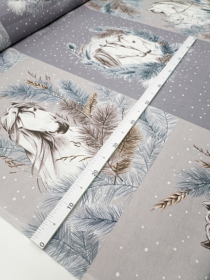 Рогожка "Зимние лошадки", ш.1.5м, хлопок-100%, 165гр/м.кв, раппорт 64см