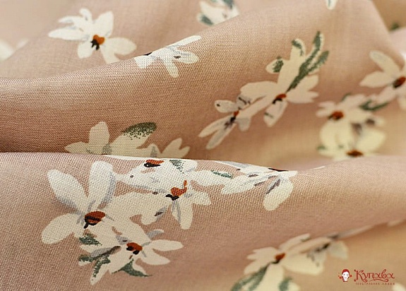 Мерный лоскут (ткань в отрезах) - Штапель "Жасминовые цветочки на бежевом-2", ш.1.44м, вискоза-100%