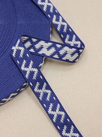 Жак.лента 17мм Славянский орнамент, оберег белый на винтажном васильково-синем