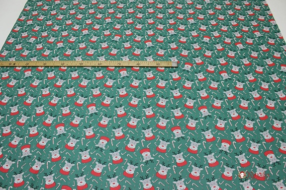 Сатин "Рождественские оленята" цв.изумрудный, ш.1.61м, хлопок-100%, 120гр/м.кв