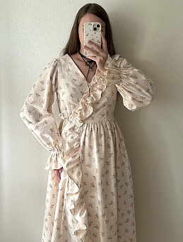 Платье из Теплого хлопка "Ранние букетики - лососевые цветочки"