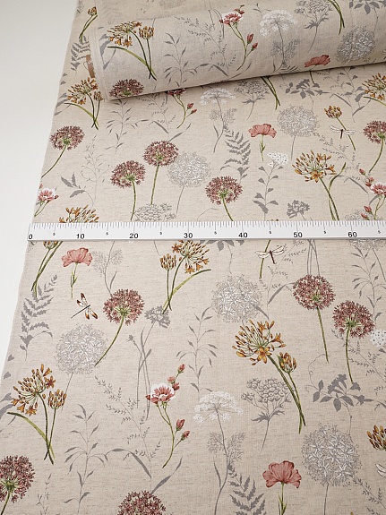 Полулен "Черемша - горчичные цветы" (на суровом), СОРТ2, ш.1.5м, лен-30%, хлопок-70%, 140гр/м.кв