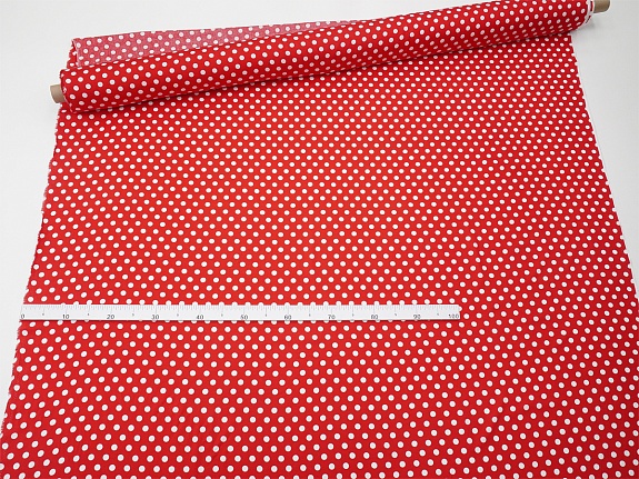 Штапель "Белый горох (11мм)" цв.красный, ш.1.45м, вискоза-100%, 95гр/м.кв