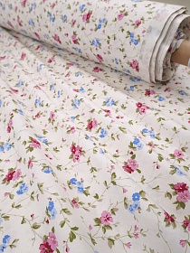 Бязь "Бордово-розовые и голубые полевые цветочки на белом", ш.2.2м, хлопок-100%, 142гр/м.кв