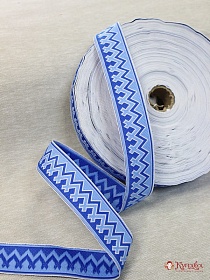 Жак.лента 36мм Бирюзово-синий славянский орнамент-оберег на белом