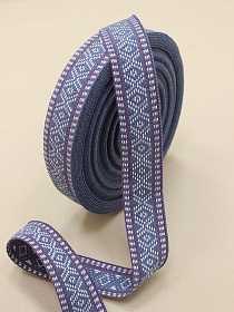 Лента тканая для поясов, 38мм Белый орнамент на джинсово-голубом