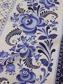 Полулен "Кружевная гжель по кайме на суровом", ш.1.5м, лен-30%, хлопок-70%, 140гр/м.кв