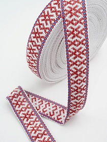 Лента тканая для поясов, 38мм Красный орнамент на белом (синяя строчка)