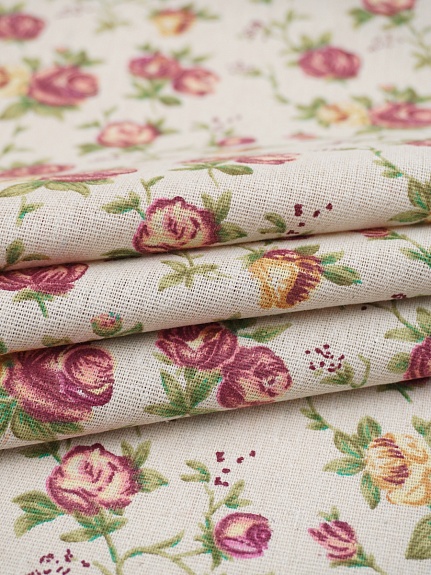 Полулен "Кустовые розы-зеленые листочки"(на светло-суровом), ш.1.5м, лен-40%, хл-40%, п/э-20%, 180гр/м.кв