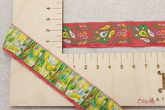 Жак.лента 22мм Вьюнок желто-зеленый на коралловом