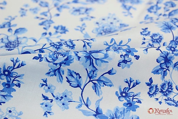 Плотный хлопок "Голубые цветы на белом", ш.1,5м, хл-100%, 170гр/м.кв