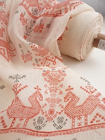 Льняная сетка "Лошадки под набойку" цв.кремовый/красный, ш.1.15м, лен-100%, 100гр/м.кв
