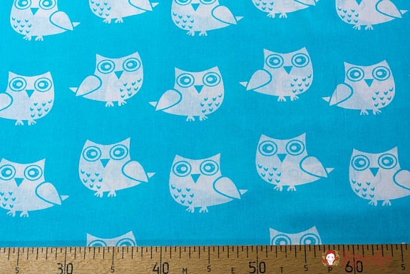 Бязь "Большие совы на бирюзовом", СОРТ2, ш.1.5м, хлопок-100%, 120гр/м.кв