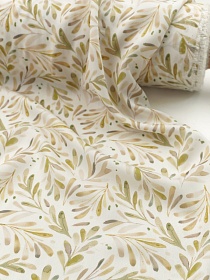 Штапель "Веточки-перышки" цв.хаки, ш.1.45м, вискоза-100%, 90гр/м.кв