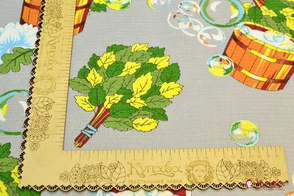 Вафельное полотно "Банька с вениками на сером", ш.1.5м, хлопок-100%, 160гр/м.кв