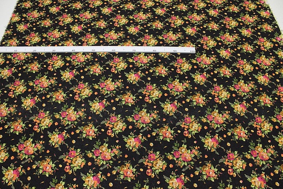 Хлопколен "Чайная роза на черном" (оранжевые цветы), ш.1.5м, лен-20%, хлопок-80%, 135гр/м.кв