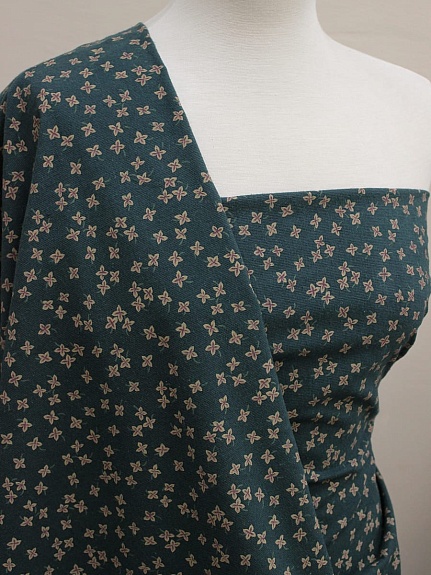 Плательный хлопок с микроворс."Россыпь четырехлистников" цв.т.зеленая морская волна, ш.1.48м,хл-100%