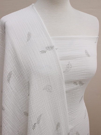 Муслин двухслойный с эф.жатости "Хрустальный листопад" цв.белый, СОРТ2, ш.1.4м, хл-100%, 120гр/м.кв