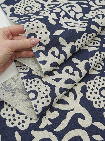 Полулен "Лунный цветок" цв.синий (на суровом), ш.1.5м, лен-30%, хлопок-70%, 147гр/м.кв