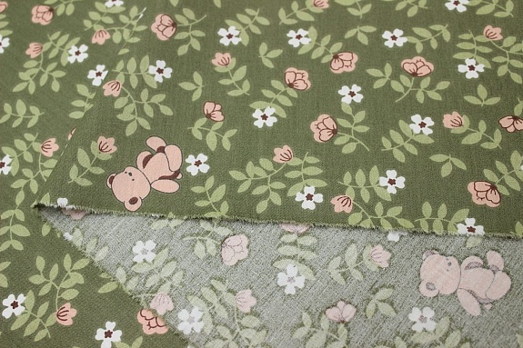 Сатин "Розовый мишка" цв.оливково-серый, ш.2.35м, хлопок-100%, 110гр/м.кв