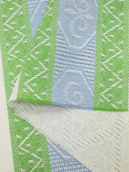 Холст полотенечный жаккард "Ромбы на белом с каймой" цв.голубой/салатовый, ш.0.5м, лен-30%, хл-70%