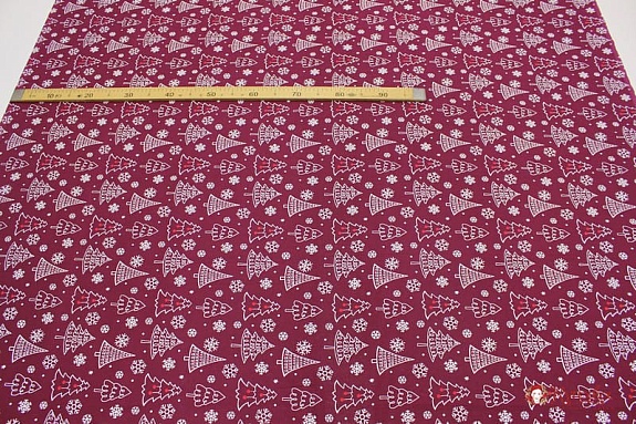 Рогожка "Новогодние ёлочки" цв.вишневый, ш.1.5м, хлопок-100%, 180гр/м.кв