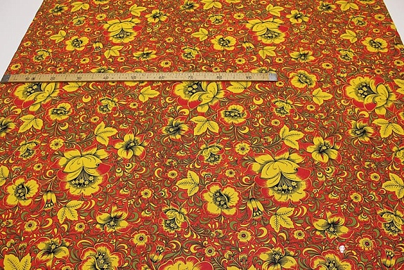 Мерный лоскут (ткань в отрезах) - Бязь "Хохлома на красном", ш.1.5м, хлопок-100%, 120гр/м.кв