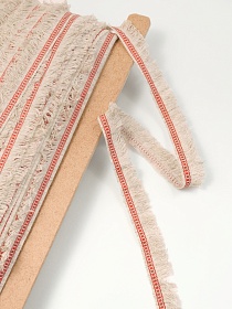 Тесьма с бахромой (суровый) и красной полоской, 20мм, лен/вискоза-90%, п/э-10%,