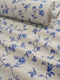 Мерный лоскут (ткань в отрезах) Полулен "Синий цветочный вьюнок" (на т.суровом), ш.1.5м, лен-30%, хлопок-70%, 140гр/м.кв