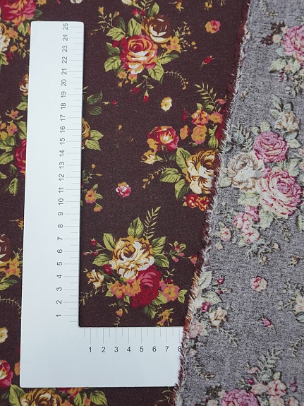 Хлопколен "Чайная роза на т.каштаново-коричневом", ш.1.46м, лен-20%, хлопок-80%, 140гр/м.кв