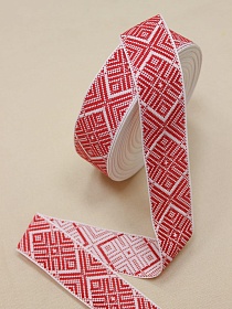 Жак.лента 35мм Славянский орнамент красный на белом