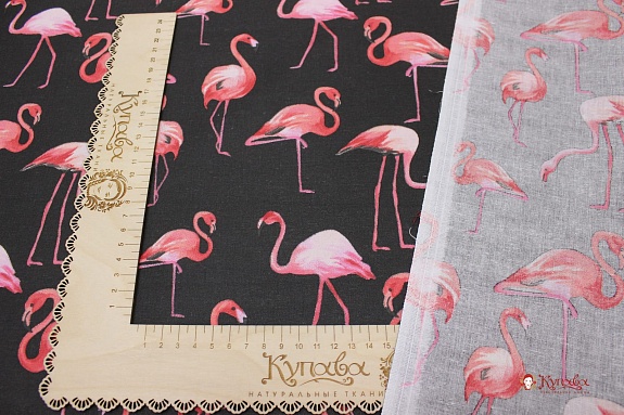 Мерный лоскут(ткань в отрезах) - Перкаль "Коралловые фламинго на черном", ш.1.5м, хлопок-100%