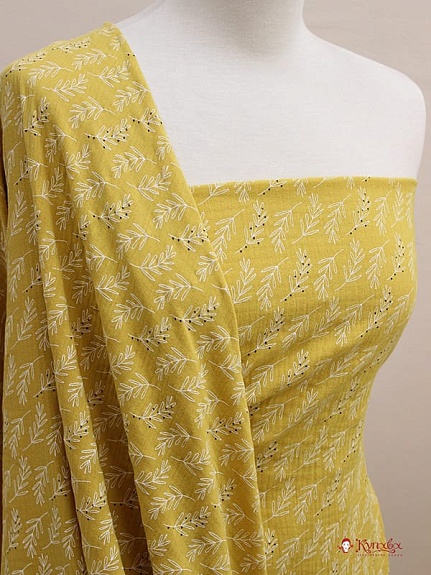 Мерный лоскут(ткань в отрезах) - Муслин двухслойный с эф.жатости "Веточки" цв.винтажно-горчичный