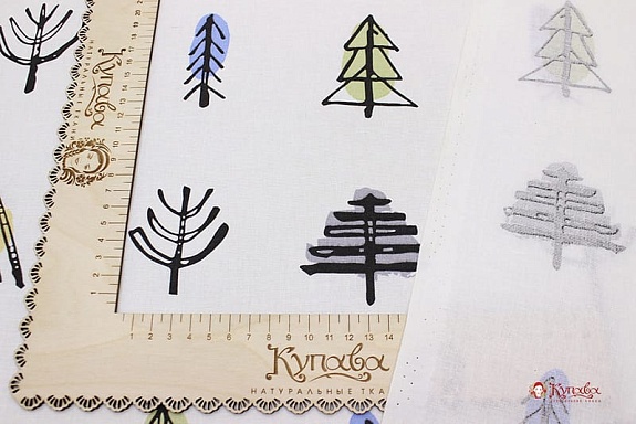 Полулен "Этно-лес на белом", ш.1.5м, лен-30%, хлопок-70%, 147гр/м.кв