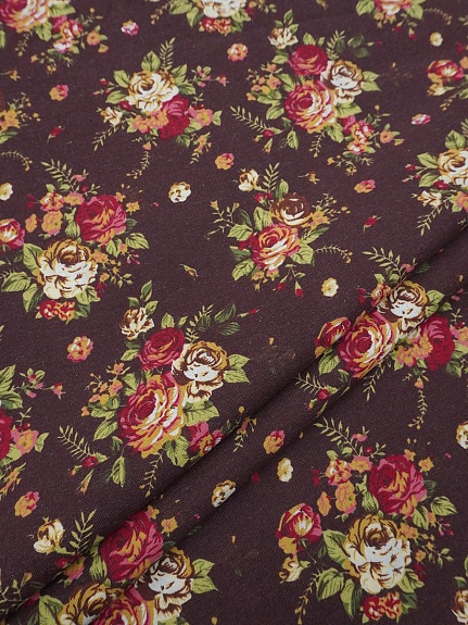 Хлопколен "Чайная роза на т.каштаново-коричневом", ш.1.46м, лен-20%, хлопок-80%, 140гр/м.кв