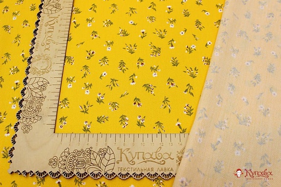 Плательная вискоза "Весенние букетики на желтом", ш.1.45м, вискоза-100%, 145гр/м.кв