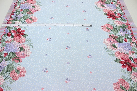 Мерный лоскут (ткань в отрезах) - Рогожка "Розово-сиреневые садовые цветы по кайме", (комп), ш.1.5м