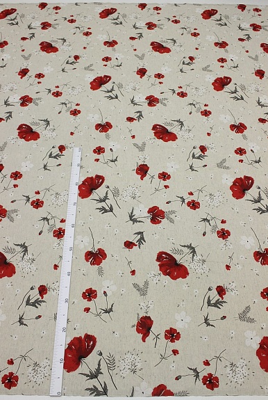 Полулен "Маки (цв.красный) Шелковый муар" (на суровом), ш.2.2м, лен-30%, хлопок-70%, 150гр/м.кв