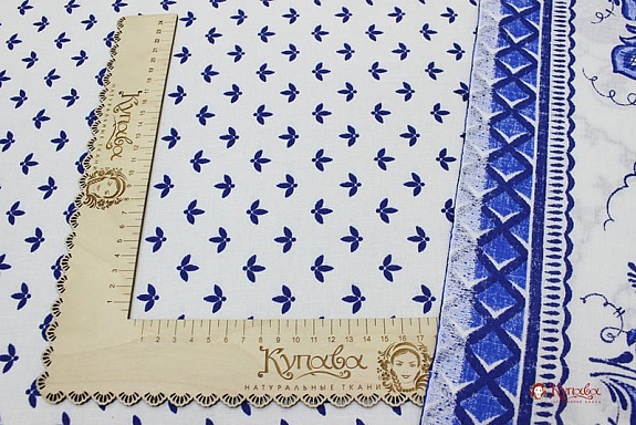 Полулен "Гжель по кайме" цв.белый, СОРТ2, ш.1.5м, лен-30%, хлопок-70%, 140гр/м.кв