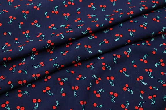 Штапель "Маленькие вишенки на чернильном", ш.1.45м, вискоза-100%, 110гр/м.кв