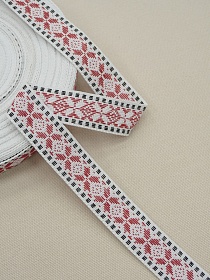Жак.лента 24мм Орнамент-красная звезда на белом, рис.9867/2