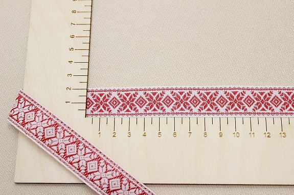 Жак.лента 23мм Снежинка-орнамент (цв.красный) на белом