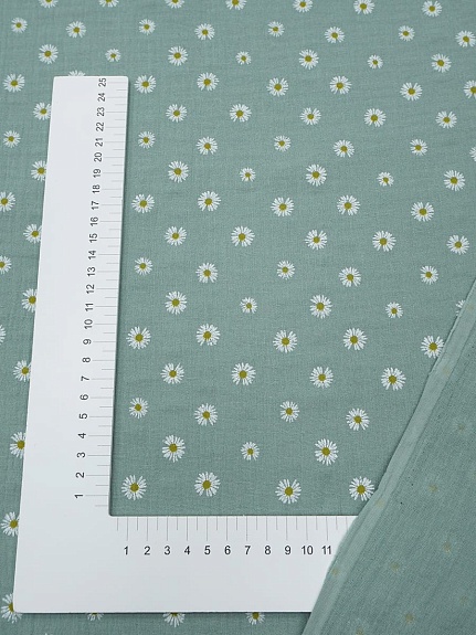 Муслин двухслойный с эф.жатости "Ромашка полевая" цв.винтажная мята, ш.1.4м, хл-100%, 120гр/м.кв