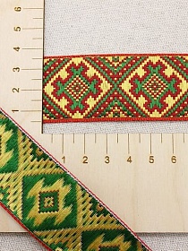 Жак.лента 32мм Св.желтый/зеленый орнамент на красном