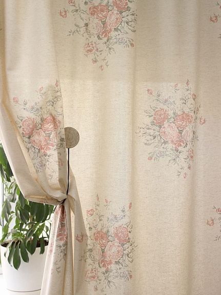 Полулен "Поллианна (коралловые цветы)" (на суровом), СОРТ2, ш.1.5м, лен-30%, хлопок-70%, 147гр/м.кв