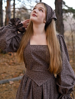 Платье и косынка из Теплого хлопка "Листочки - цветочки"