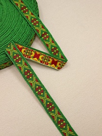 Жак.лента 18мм Темно-красный/сигнальный желтый орнамент на сверкающем зеленом