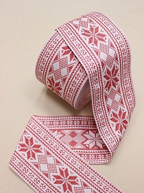 Жак.лента 88мм Красный старорусский орнамент на белом